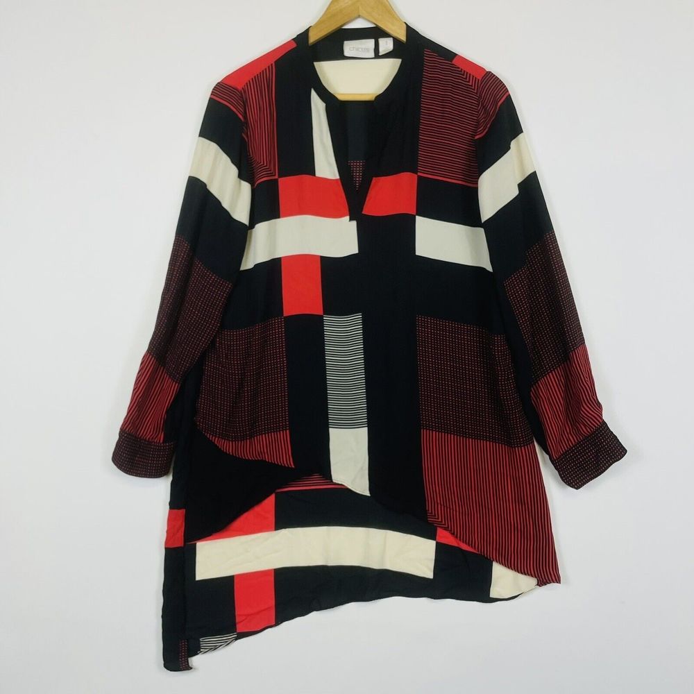 Chico's Red Black Mod Block Semi Sheer‎ Chiffon Top Blouse Womens 1 Medium 8